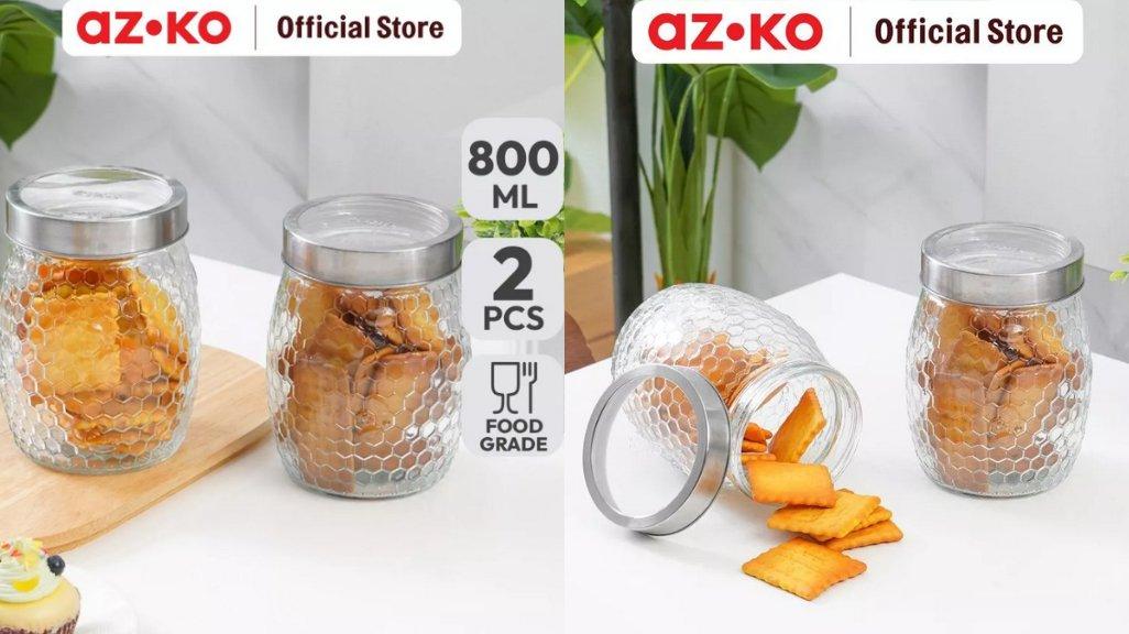 AZKO Picas 800 ml Set 2 Pcs Stoples Kaca Transparan Jar Tempat Simpan Snack Dan Permen