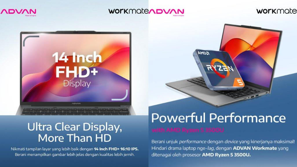 Advan workmate memiliki ukuran layar 14 inch dengan resolisi FHD+ (1920x1200px) dan dibekali dengan prosesor AMD Ryzen 5 3500U.