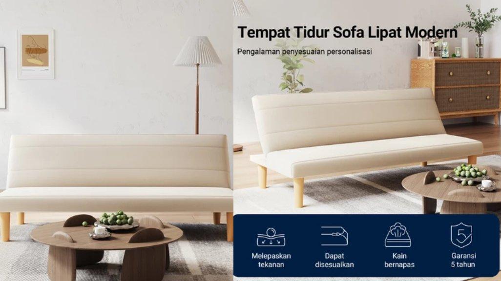 Avenco Sofa Bed Lipat Modern Kain Linen Ramah Lingkungan Kerangka Kayu Solid Tanpa Formaldehida Stabil dan Tahan Lama WARNA KHAKI
