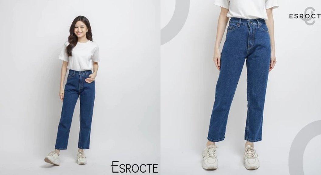 ESROCTE Celana Rubber Boyfriend High Waist Mom Jeans Wanita P43 - Navy 26-38