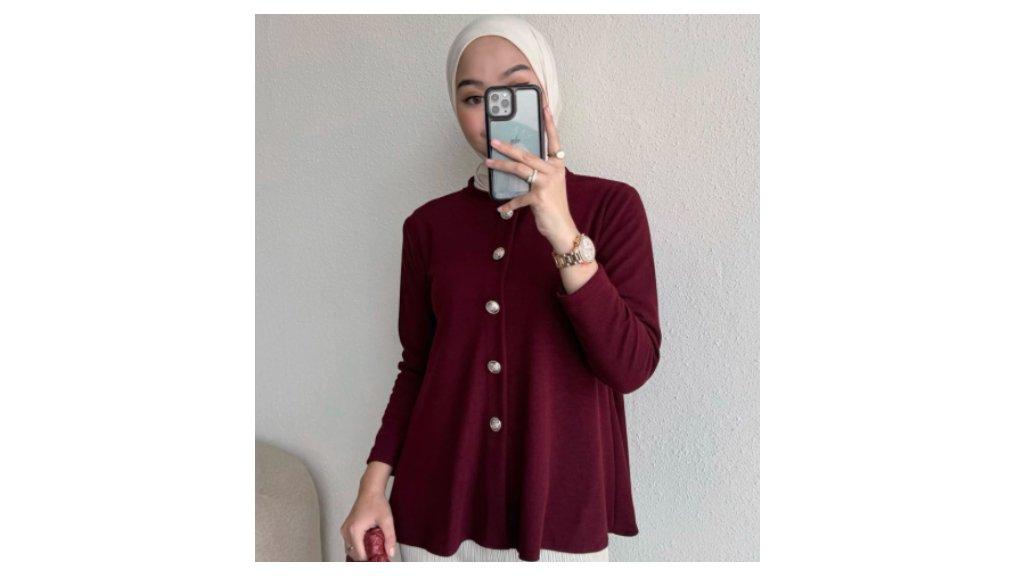 Floral Id Blouse Knit Wanita Jenna Top Kancing Gold Lengan Panjang