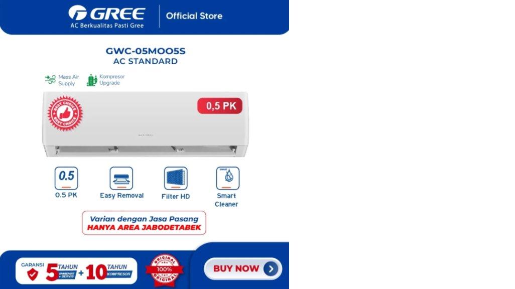 GREE AC STANDARD MOO5S Series - 1/2 PK - GWC-05MOO5(S) - KOMPRESSOR UPGRADE - PUTIH