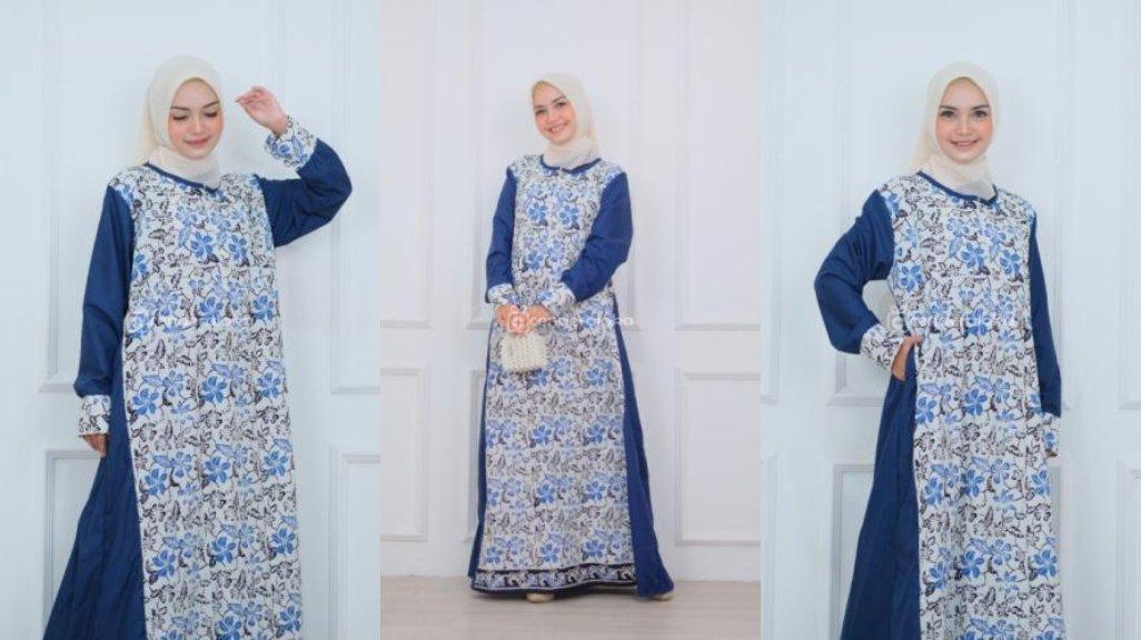 Gamis Batik Bunga Kombinasi Wolfis Lux Motif Navy