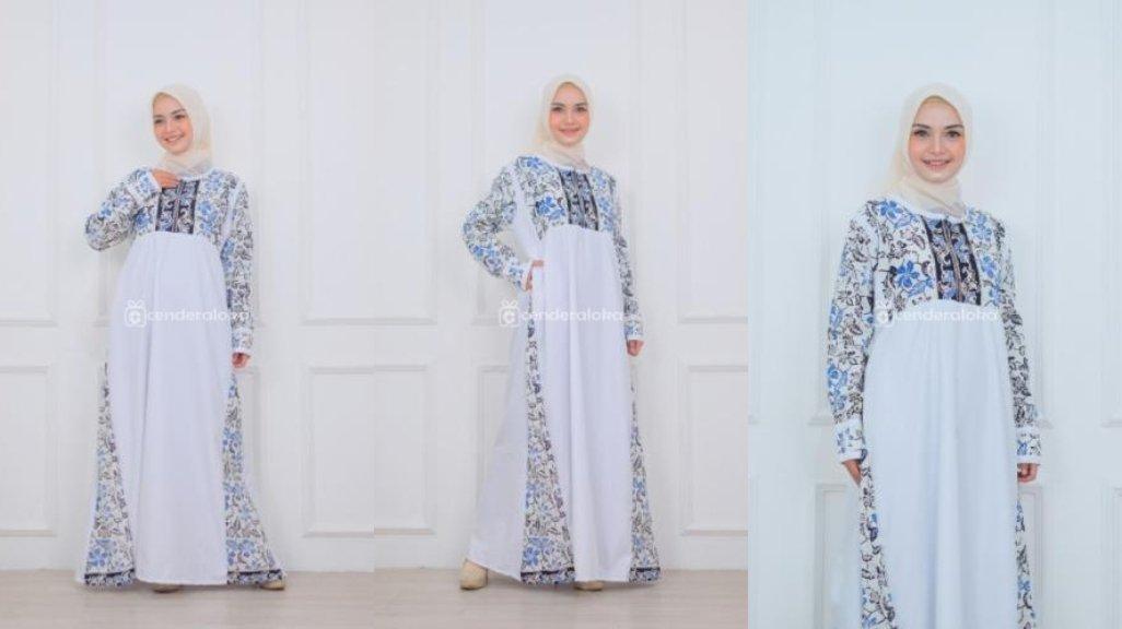 Gamis Batik Bunga Kombinasi Wolfis Lux Motif Putih