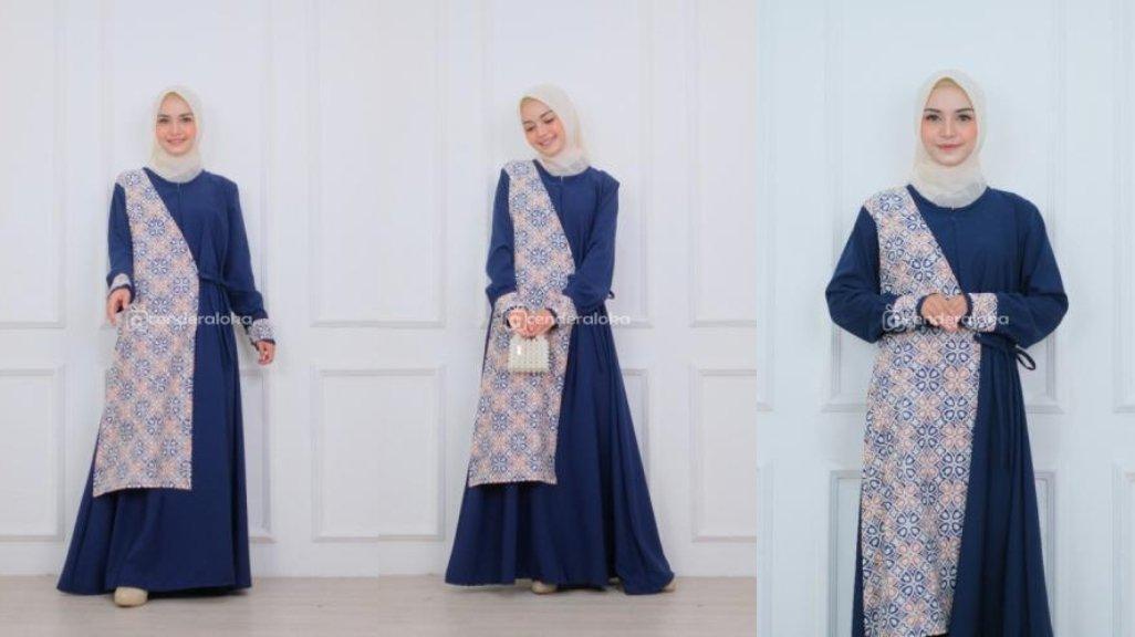Gamis Batik Kombinasi Wolfis Lux Motif Navy