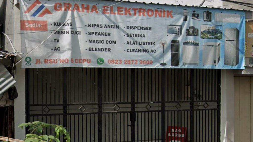 Foto Toko Graha Elektronik di Jl. Ronggolawe No.1Sidomulyo, Sidomulyo, Cepu, Kecamatan Cepu, Kabupaten Blora, Jawa Tengah 58312, yang diambil Google Maps pada Januari 2024.