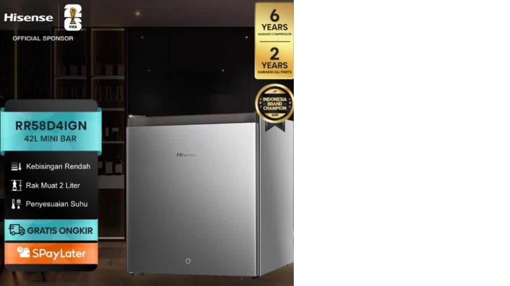 Hisense Kulkas RR58D4IGN Refrigerator Mini Bar Kapasitas 42L Warna Silver Tingkat Kebisingan Rendah 2L Rak Muat Ukuran Botol