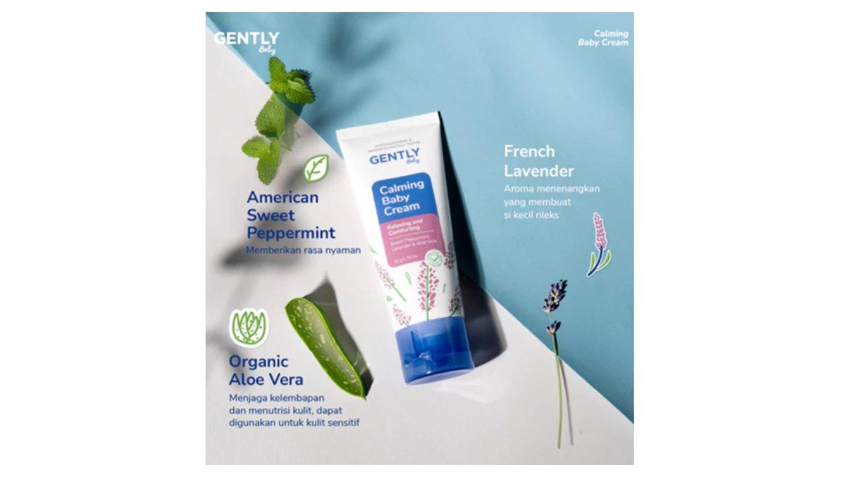 Ilustrasi Kandungan dan manfaat utama dri produk Gently Baby Calming Baby Cream