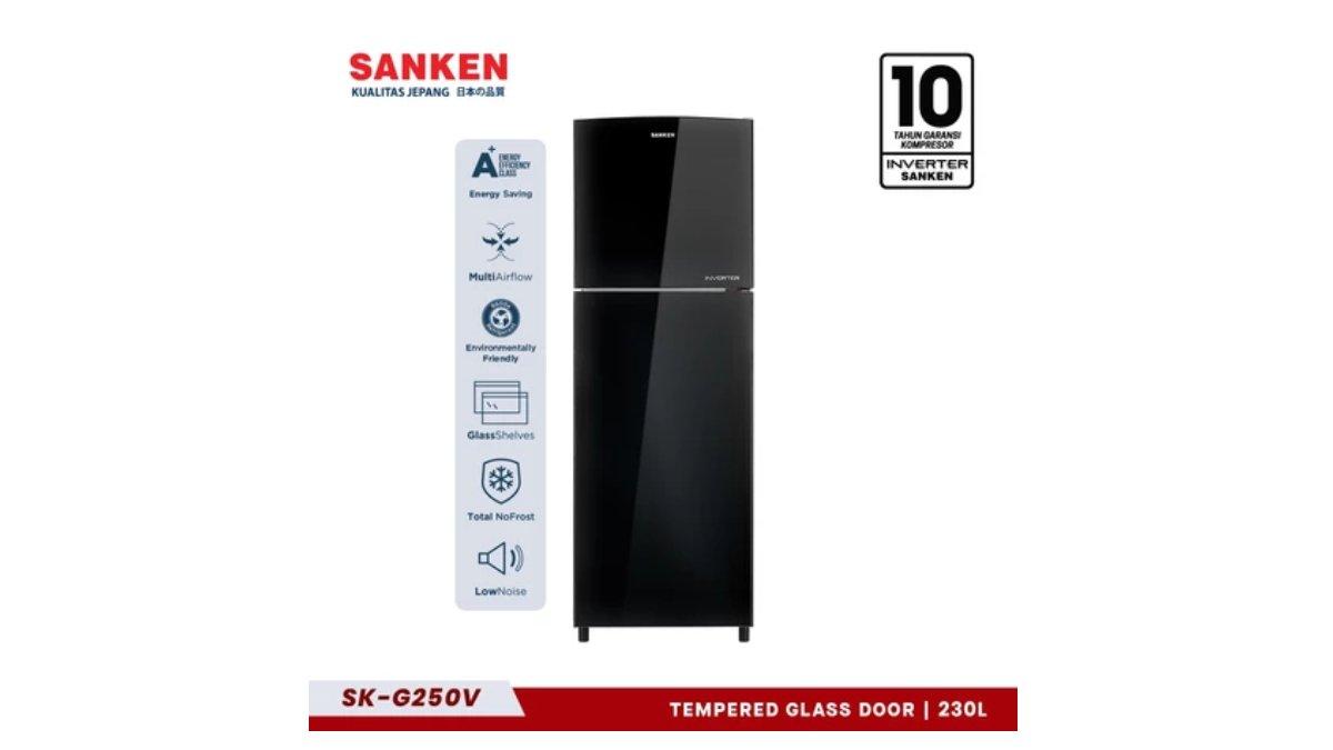 Ilustrasi Sanken Kulkas 2 Pintu SK-G250V-BK Lemari Es Inverter Tempered Glass