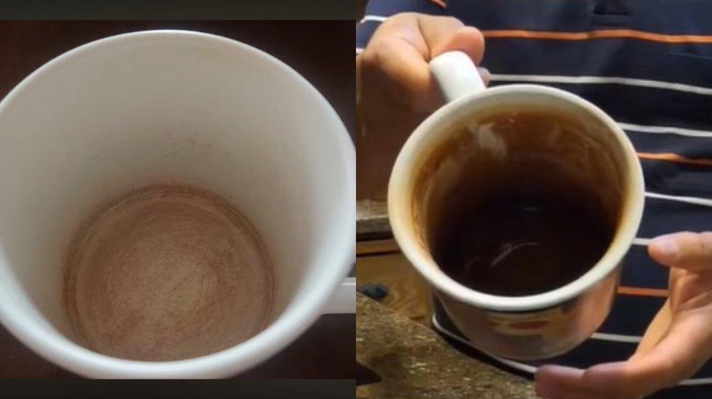 Ilustrasi cangkir kusam kecokelatan bekas noda teh atau kopi.