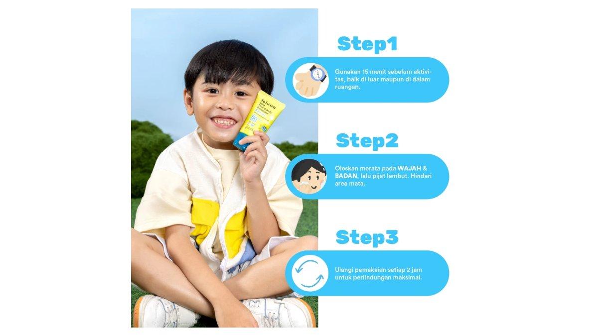 Ilustrasi cara pakai Loluna Baby Face and Body Sunscreen 30ml SPF 50 PA