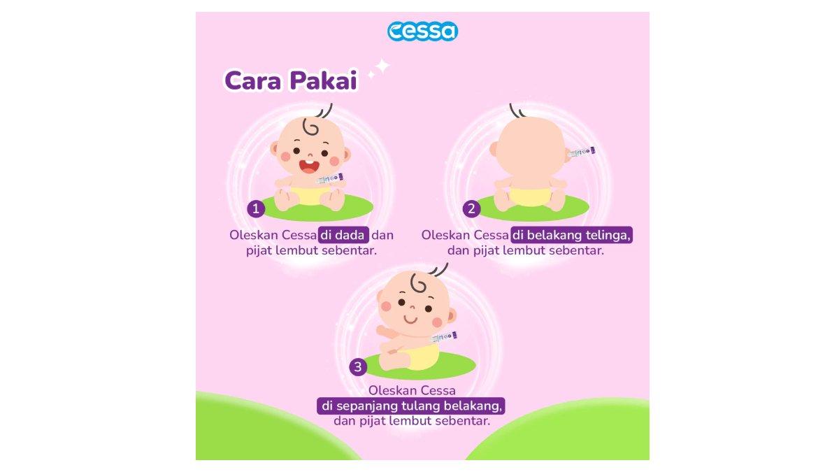 Ilustrasi cara pemakaian produk Cessa Bofit Essensial Oil untuk si Kecil