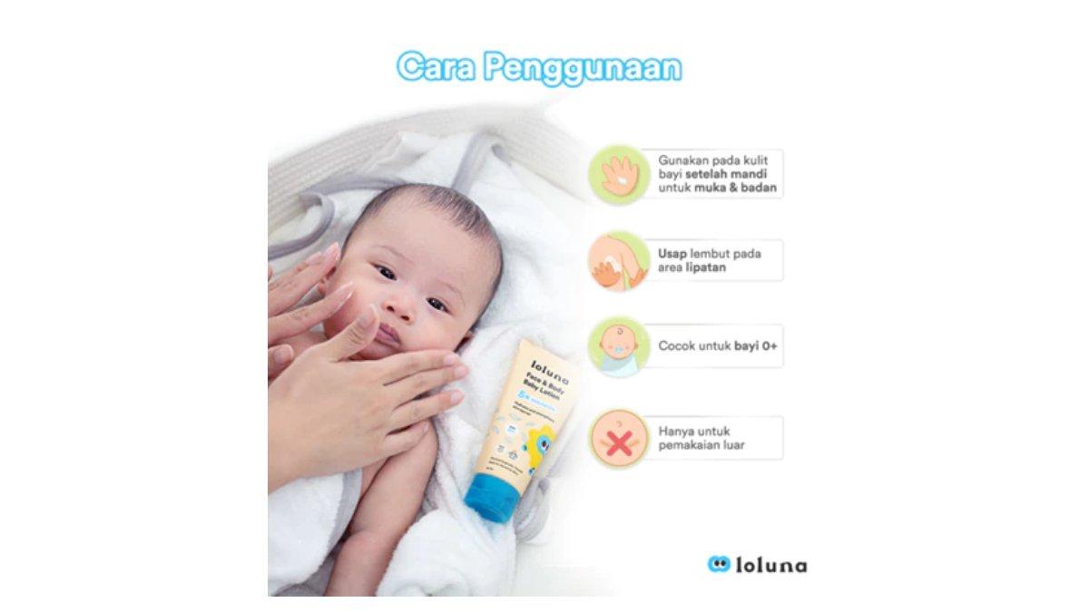 Ilustrasi cara pemakaian produk Loluna Face & Body Baby Lotion