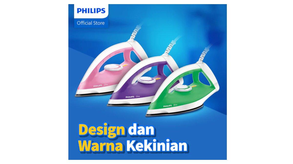 Ilustrasi desain dan warna setrika merek Philips yang kekinian
