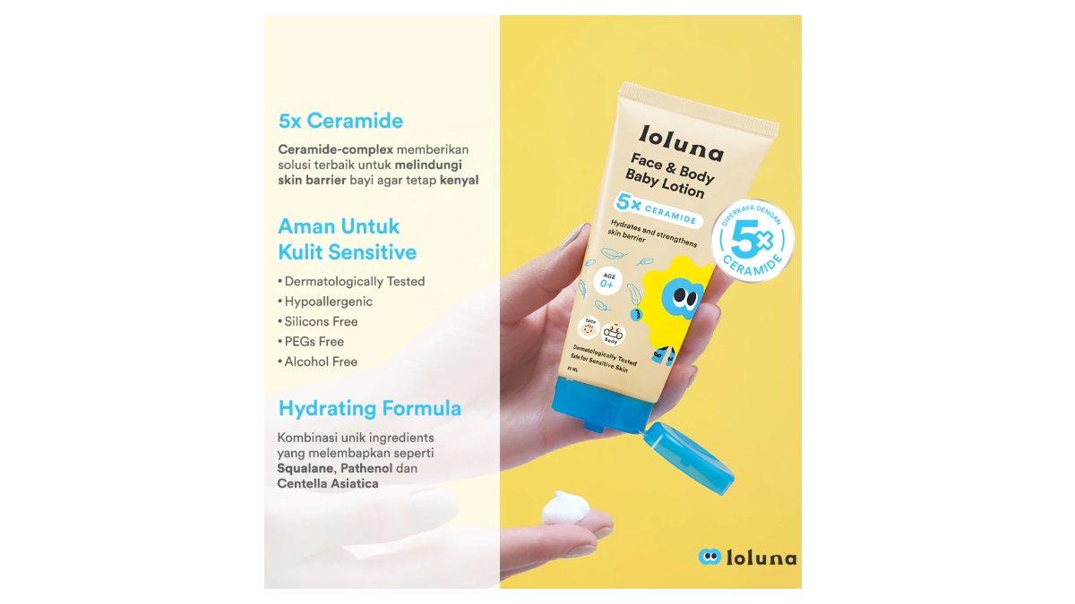 Ilustrasi kandungan dan manfaat dari produk Loluna Face & Body Baby Lotion