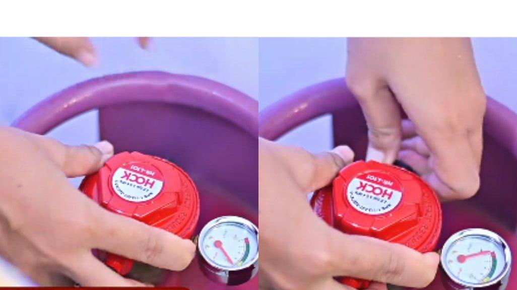 Ilustrasi pemasangan regulator Hock Regulator Kompor Gas TEKANAN RENDAH / LOW PRESSURE HR-L101M-C pada tabung gas LPG