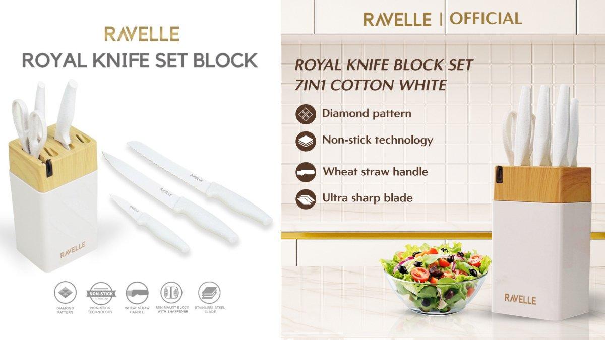 Ilustrasi penggunaan RAVELLE Pisau Dapur Anti Lengket 7 in 1 Set.