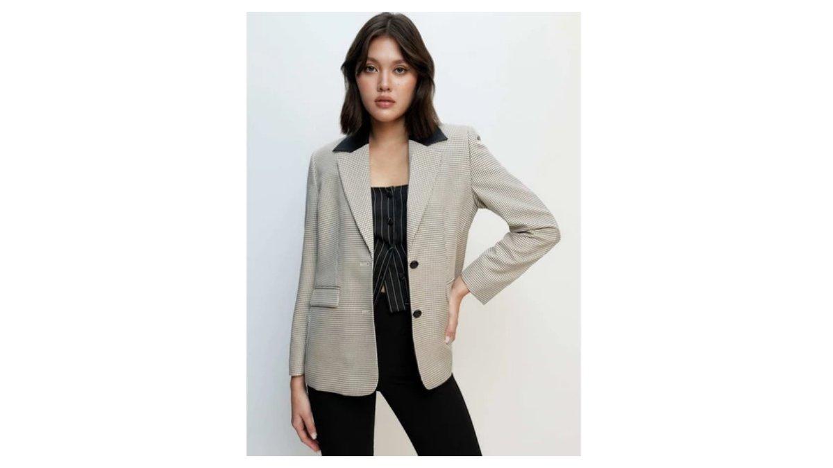 Ilustrasi rekomendasi Pomelo Windowpane Leather Trim Collar Blazer 