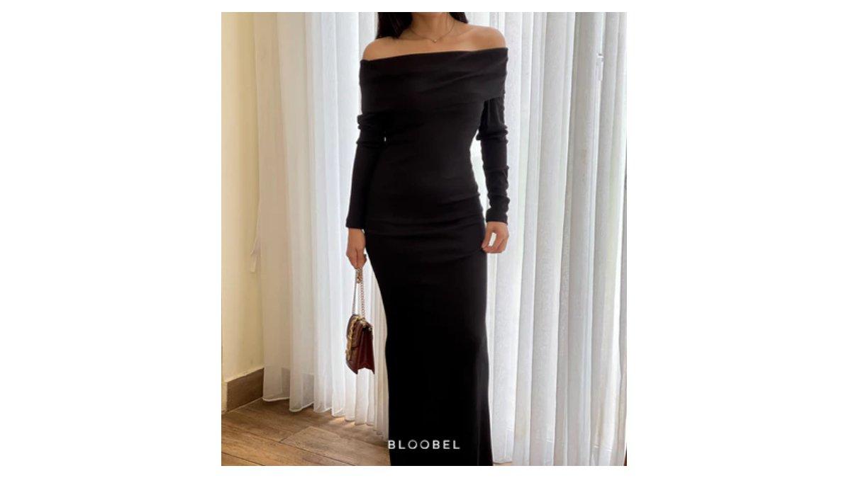 Ilustrasi rekomendasi gaun hitam off shoulder yang cocok di pakai kondangan