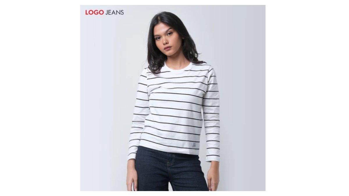 Ilustrasi rekomendasi kaos garis-garis Logo Jeans Kaos Wanita Felysia Offwhite Black Stripe