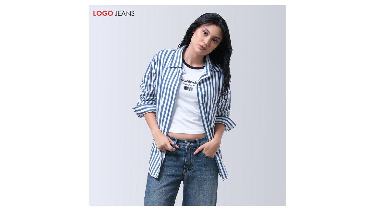 Ilustrasi rekomendasi kemeja garis-garis Logo Jeans - kemeja wanita misya blue white