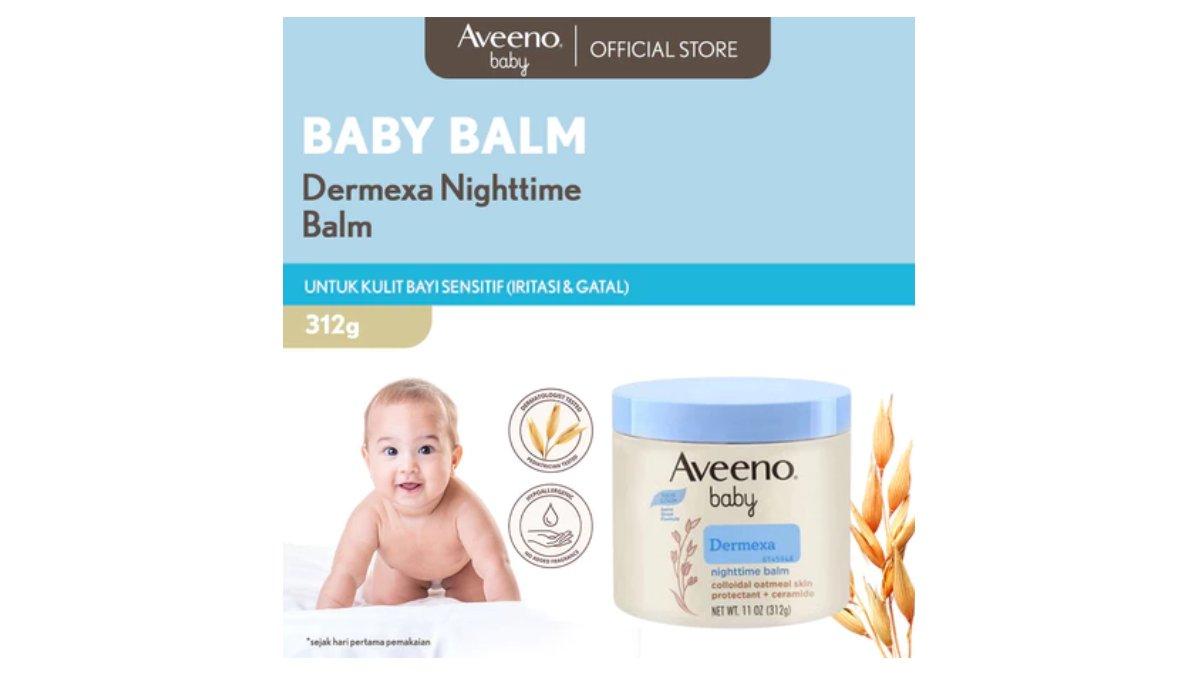 Ilustrasi rekomendasi produk Aveeno Baby Dermexa Nighttime Balm 312g pelembap bayi kulit kering