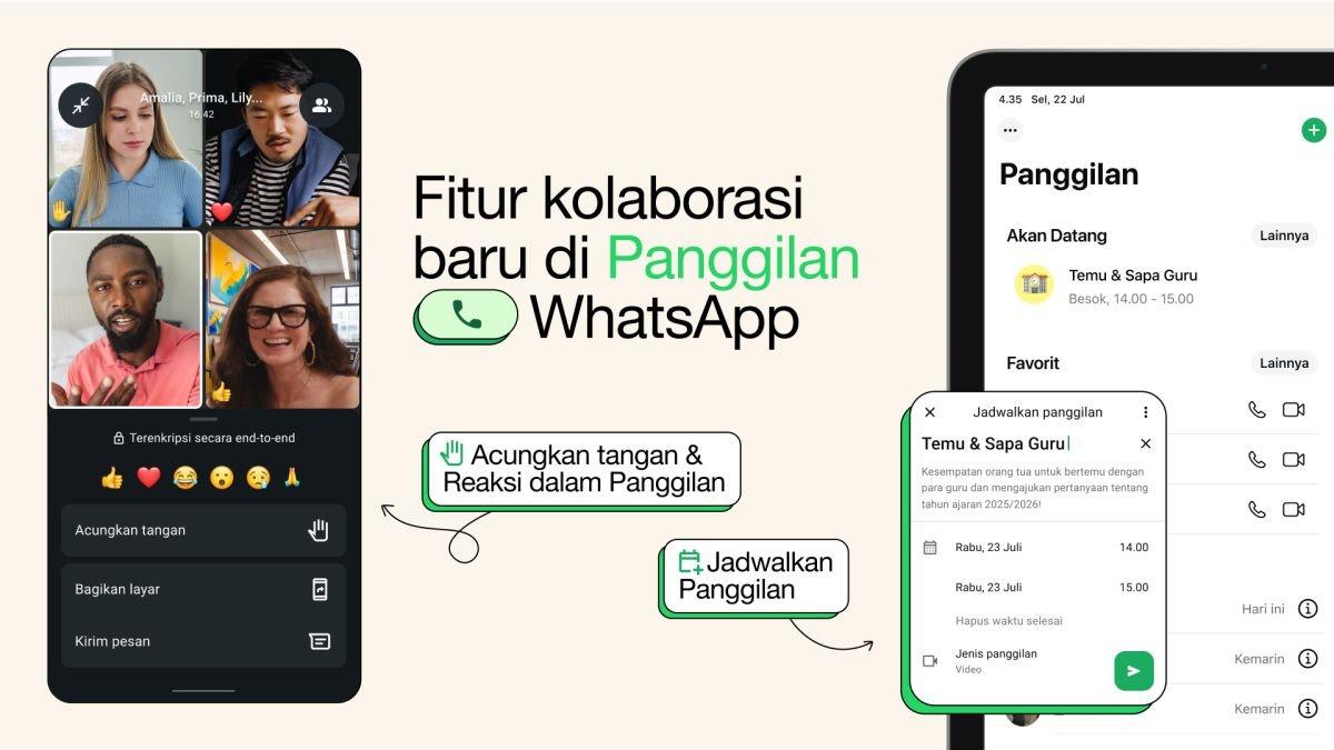 Ilustrasi tiga fitur baru panggilan grup WhatsApp, salah satunya acungan jempol dan reaksi dengan emoji tertentu
