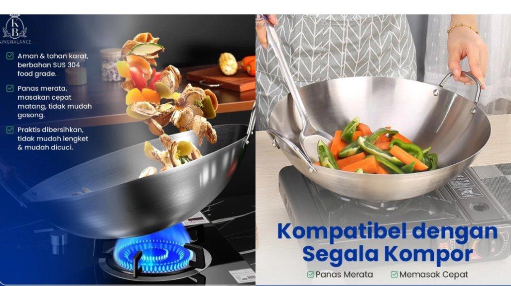 King Balance Wajan Stainless Steel 304 Food Grade Berkualitas Tinggi Wok 215 BPA Free 32cm
