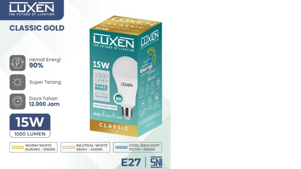 LUXEN BOLA LAMPU LED CLASSIC GOLD 15 Watt Cahaya Putih, Kuning dan Neutral White