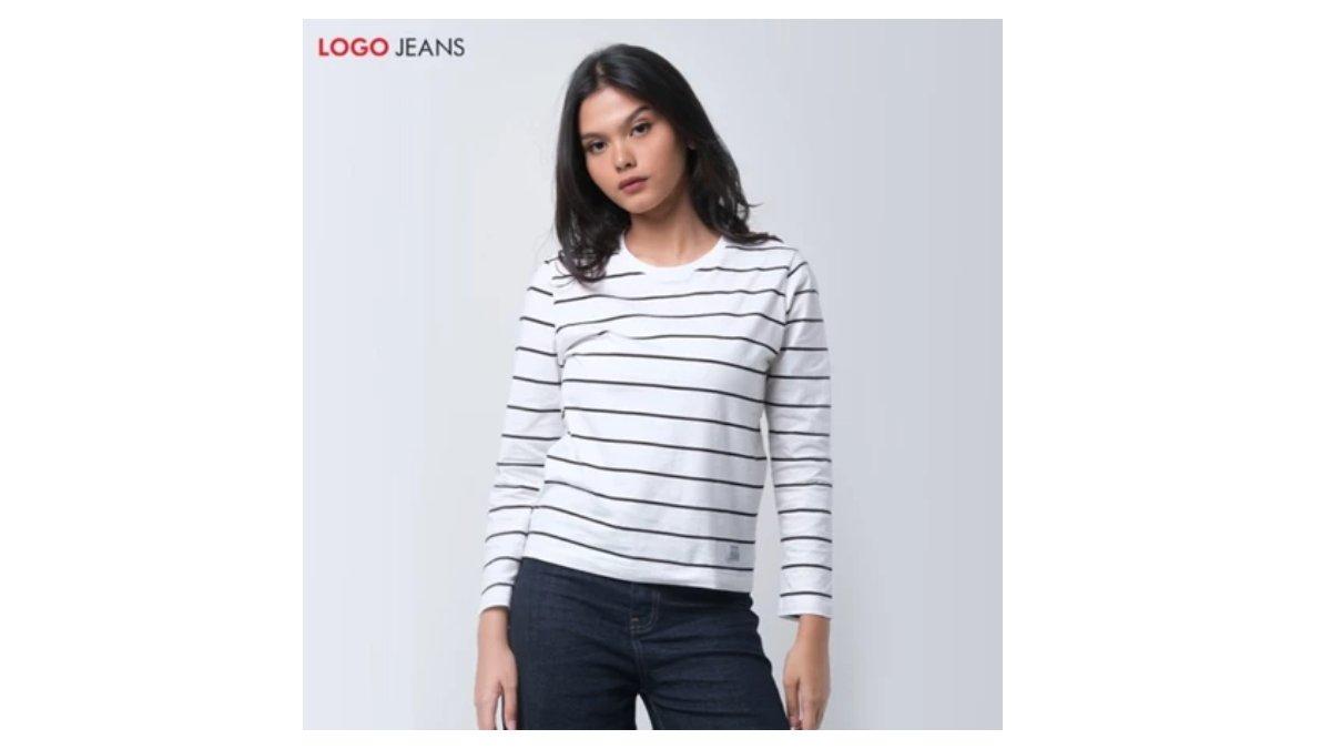 Logo Jeans Kaos Wanita Felysia Offwhite Black Stripe 14858L4OH