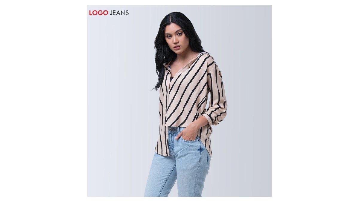 Ilustrasi rekomendasi kemeja garis-garis Logo Jeans - kemeja wanita agatha khaki black