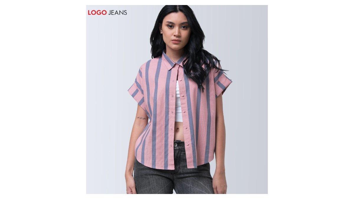 Ilustrasi rekomendasi kemeja garis-garis Logo Jeans - kemeja wanita teana pink grey