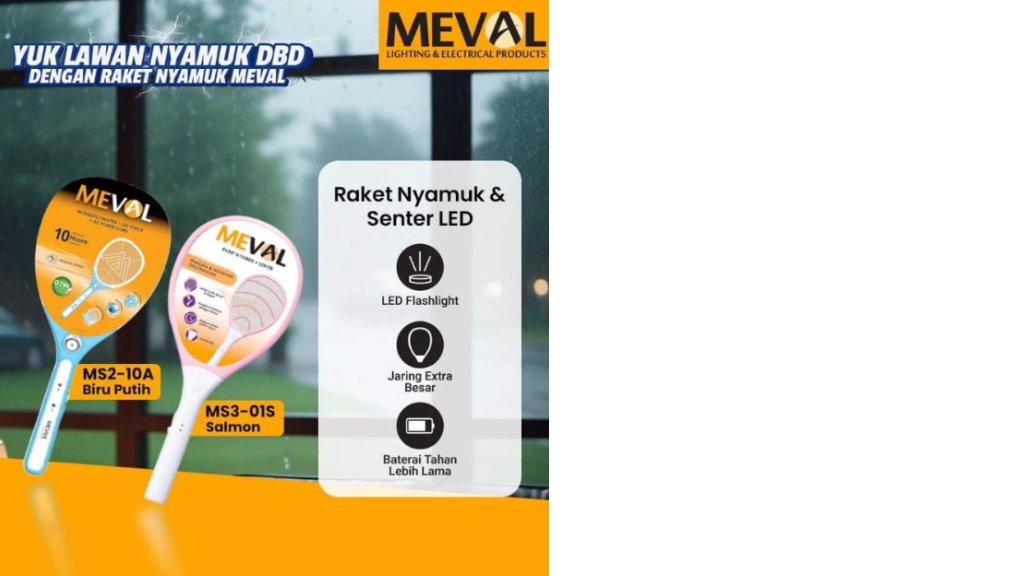 MEVAL Raket Nyamuk + Senter LED + Kabel Charger - Pink - Biru Kabel