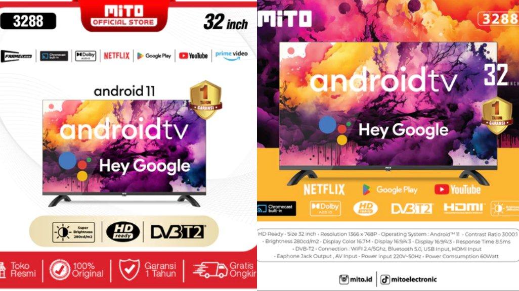 MITO Android TV 3288 32 inch- Android 11.0 – HD Ready - Voice Search/Google Play/Netflix/Youtube - WIFI/HDMI/Bluetooth/DVB-T2