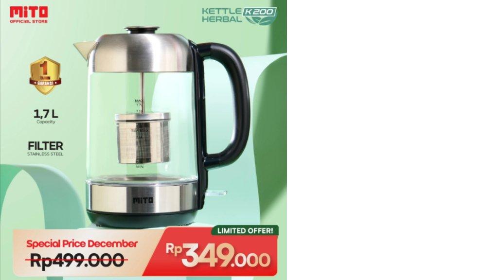 MITO Electric Kettle Herbal K200 1.7L | Teko Listrik Gelas Transparan Pemanas Air