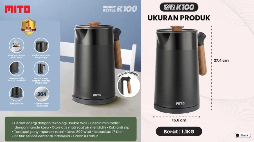 MITO Electric Kettle Woody K100 1.7L | Teko Listrik Pemanas Air Wood Handle