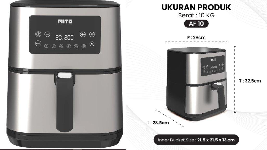 MITO Grande Air Fryer DigiFry AF10 Touch Screen Low Watt Mesin Penggoreng Tanpa Minyak 6L - Silver Black