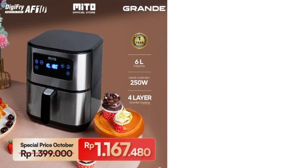 MITO Grande Air Fryer DigiFry AF10 Touch Screen Low Watt Mesin Penggoreng Tanpa Minyak 6L - Silver Black