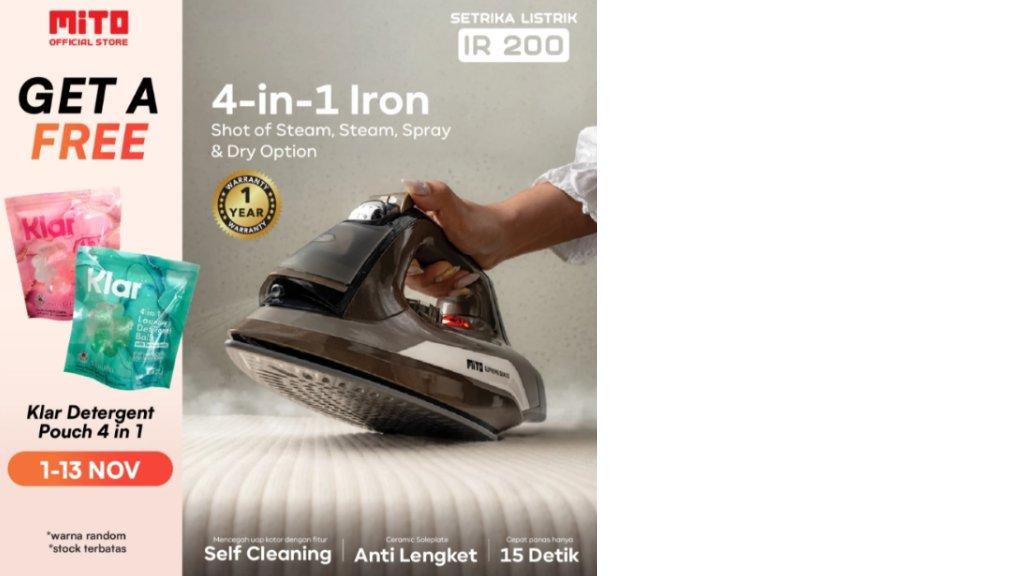 MITO IRON200 Setrika Uap dan Kering 4in1 | Setrika Listrik | Mode Uap, Kering, Semburan Uap, Semprotan Air | Alas Keramik Soleplate