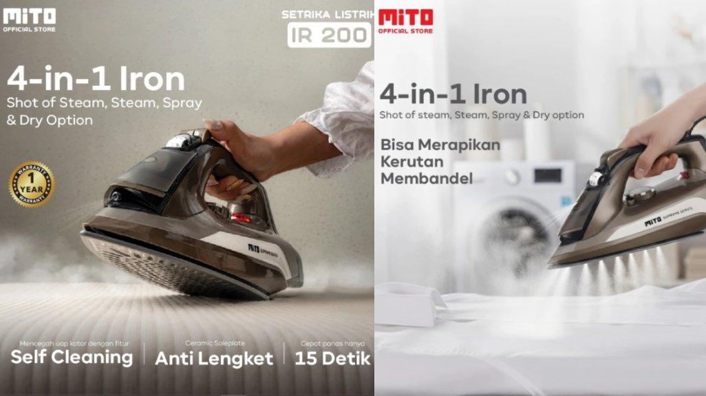 MITO IRON200 Setrika Uap dan Kering 4in1 | Setrika Listrik | Mode Uap, Kering, Semburan Uap, Semprotan Air | Alas Ceramic Soleplate.