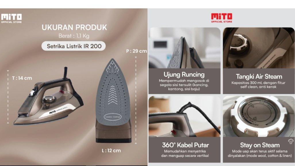 MITO IRON200 Setrika Uap dan Kering 4in1 | Setrika Listrik | Mode Uap, Kering, Semburan Uap, Semprotan Air | Alas Ceramic Soleplate.