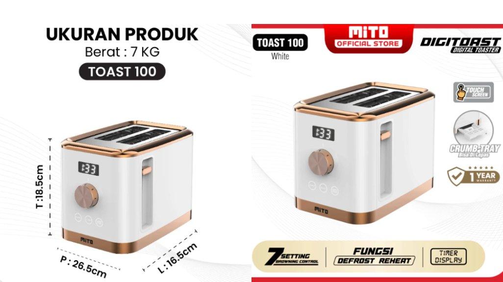 MITO Toast100 - Digital Toaster (DIGITOAST)-Touchscreen-Timer Display-7 Setting Browning Control-Reheat & Defrost-Extra Wide Slot