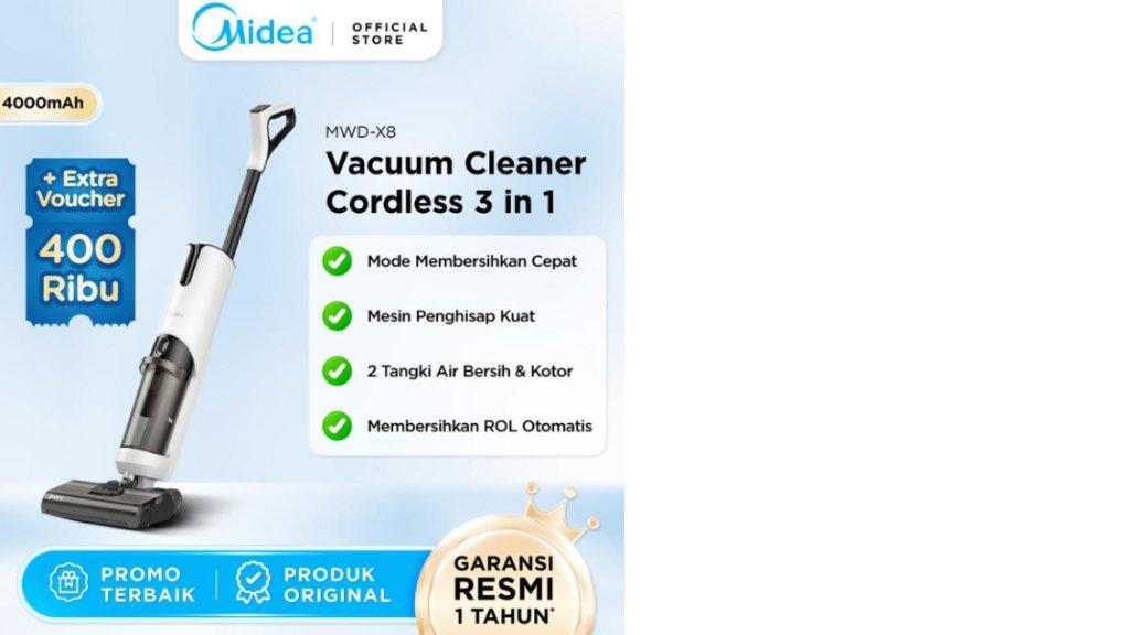 Midea Cordless Stick Vacuum 3 In 1 MWD-X8 | Wet & Dry Mop Floor Washer | Sedot Debu & Pel Sekaligus | Auto Cleaning Brushroll
