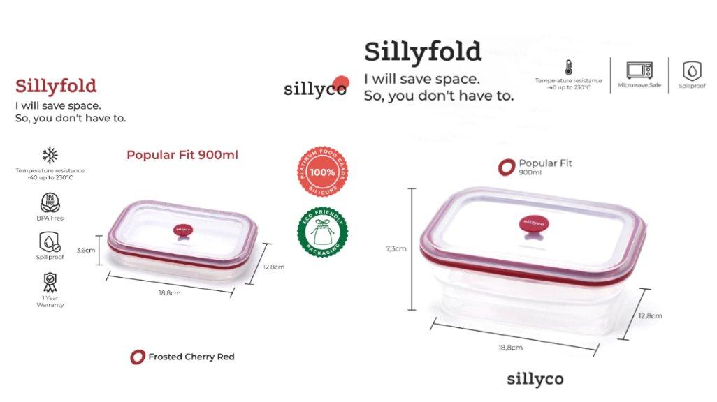 SILLYCO Sillyfold Rectangle Popular Fit 900ML - Platinum Food Grade Silicone Foldable Lunch Box BPA Free