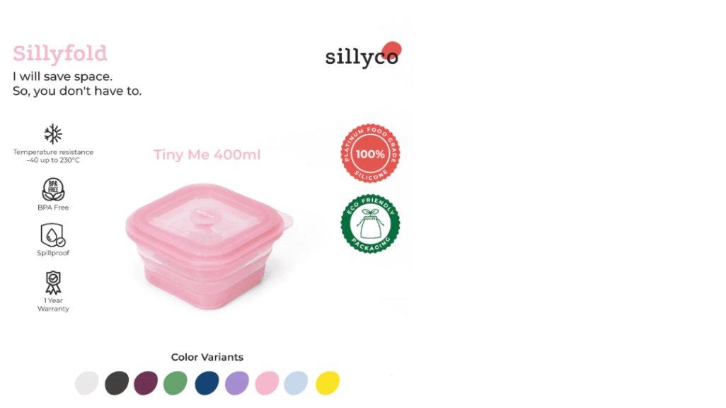 SILLYCO Sillyfold Square Tiny Me - Platinum Food Grade Silicone Foldable Lunch Box BPA Free 400ML