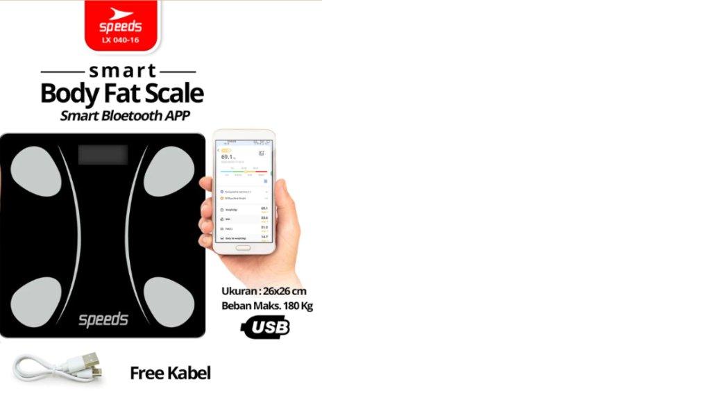 SPEEDS Timbangan Badan Smart Digital Weight Scale Scales 26cm Fitur Lengkap Fat Scaler USB Aplikasi Pengukur Lemak 040-16 Hitam Baterai