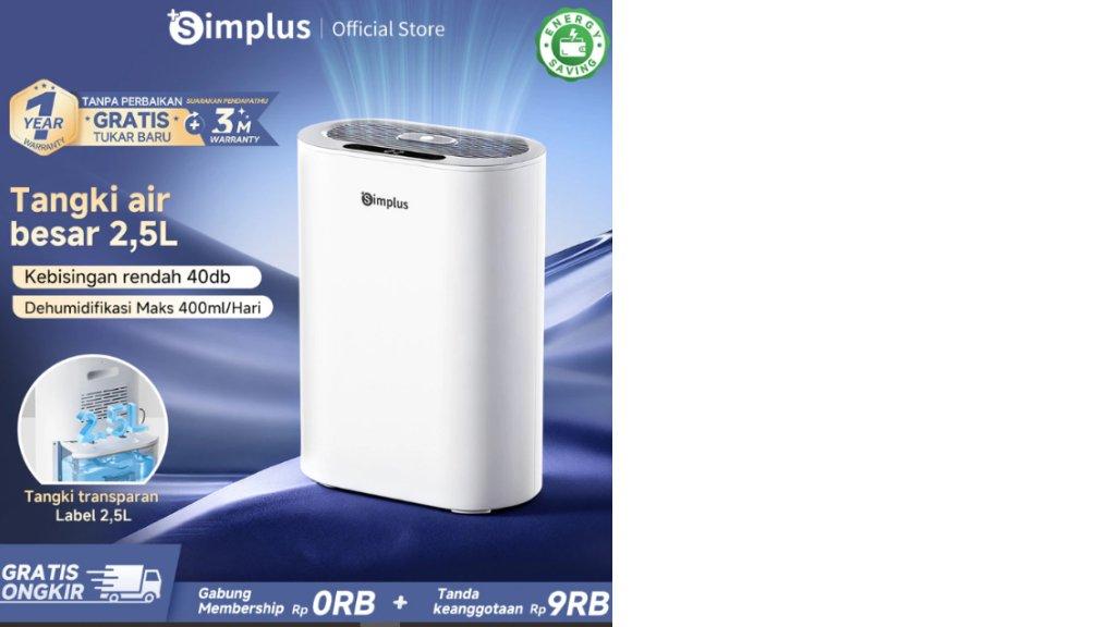 Simplus Dehumidifier Kapasitas 2,5L 400mL/Hari Anti Bising 40dB Untuk Kamar Lemari Kamar Mandi