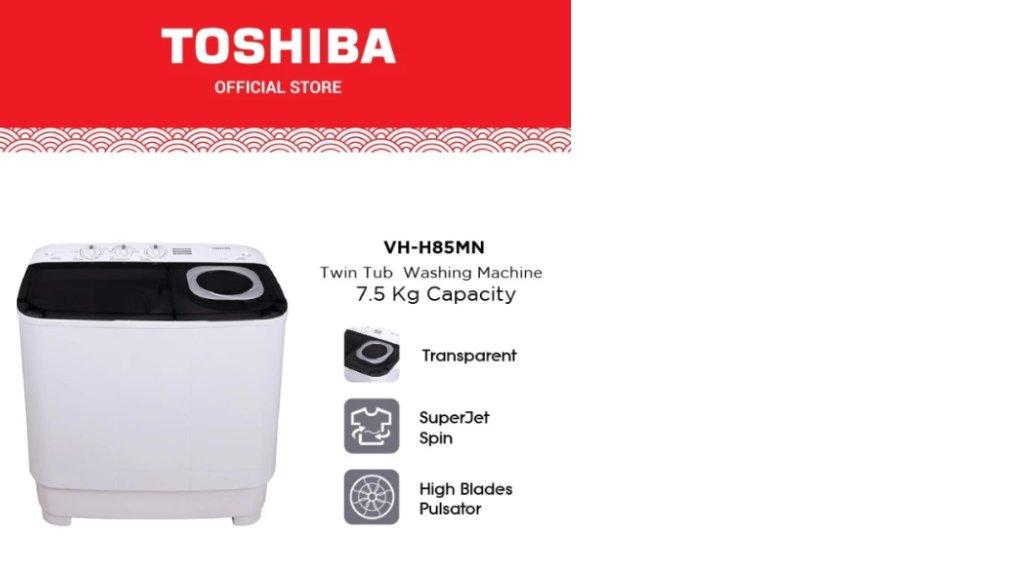 TOSHIBA Mesin Cuci Dua Tabung 7.5kg Model VH-H85MN Twin Tub - Dilengkapi dengan Super Jet Spin