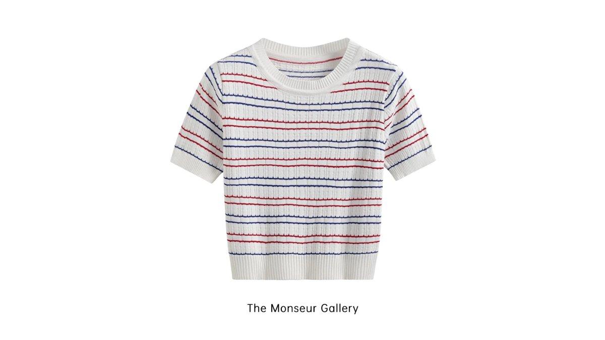 The Monseur Gallery Kaos Rajut Lengan Pendek Wanita Striped T-shirt Korean Style