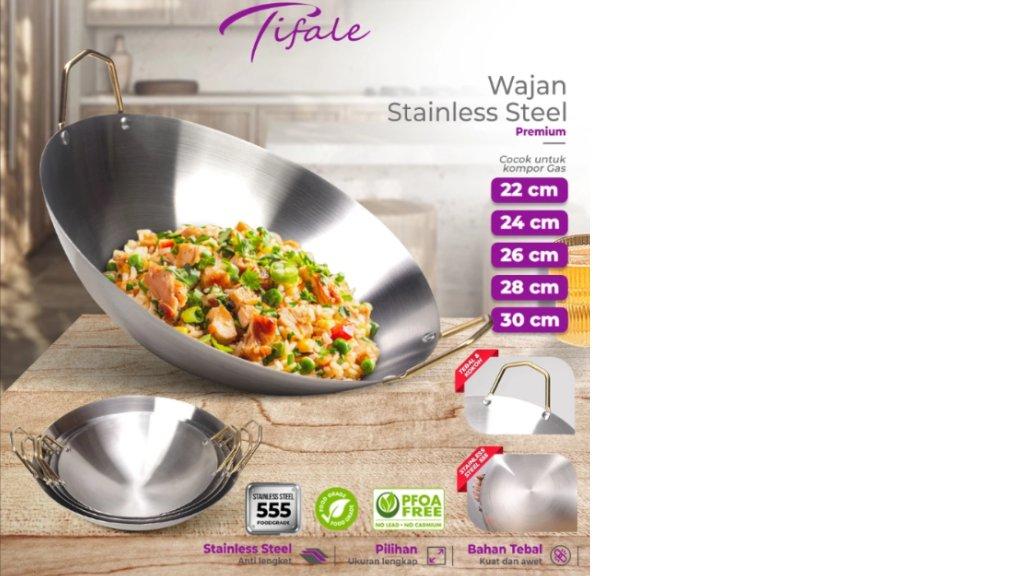 Tifale Wajan Stainless Tebal Kuali Besar Premium dengan Pegangan Stainless Steel Gold Anti Lengket 22 cm